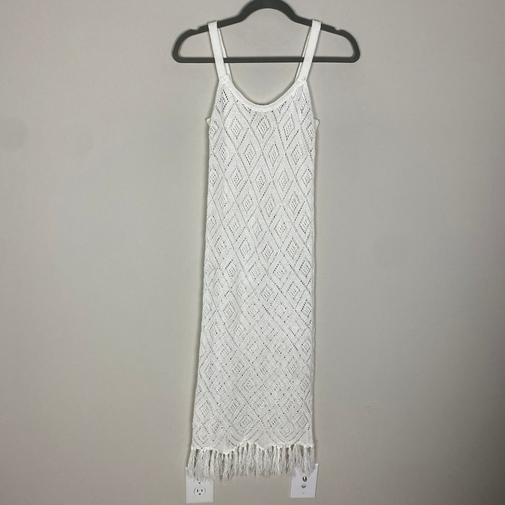 RAMY BROOK NEW YORK White Crochet‎ Diamond Knit Midi Dress Fringe Medium Coverup